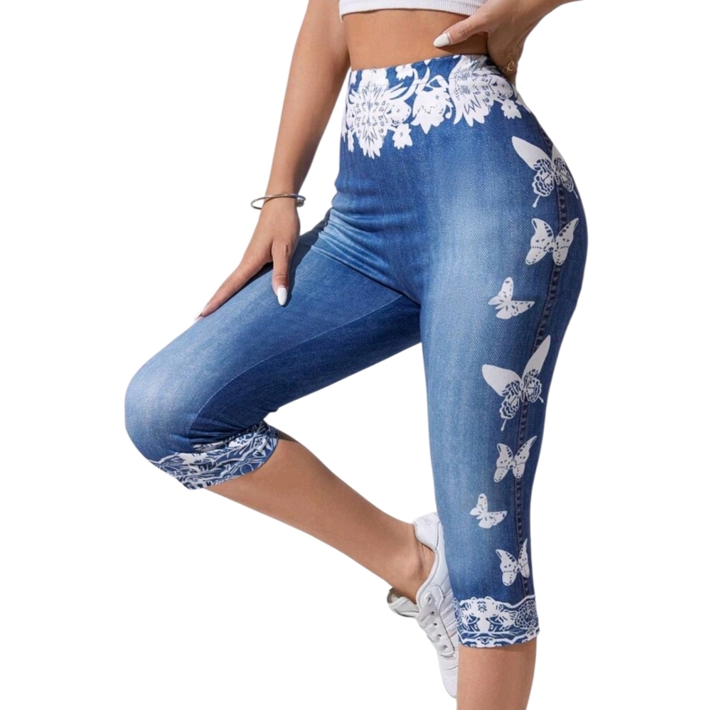 High-Waist Butterfly Capris Leggings in Denim Blue